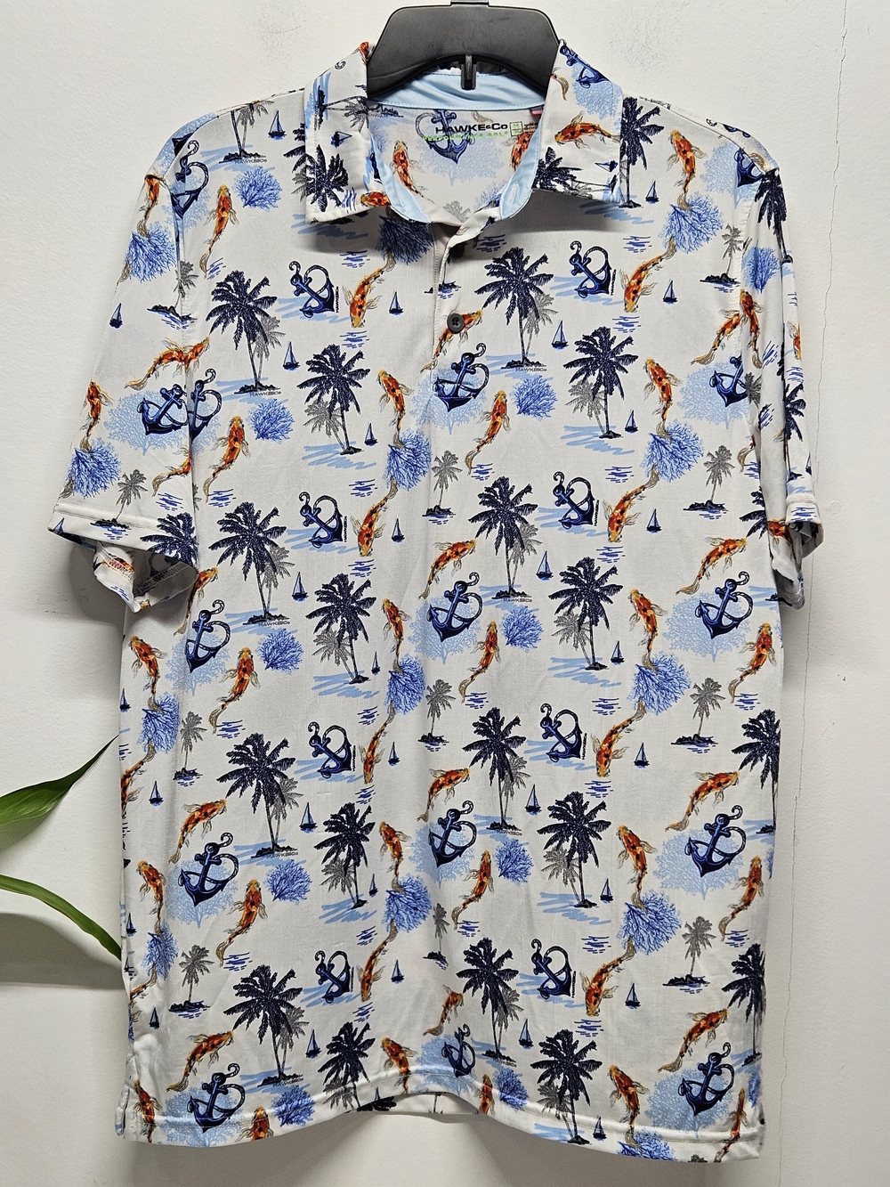 Hawke & Co Performance Golf Polo Shirt Mens M Koi Fish Anchor Palm Tropical